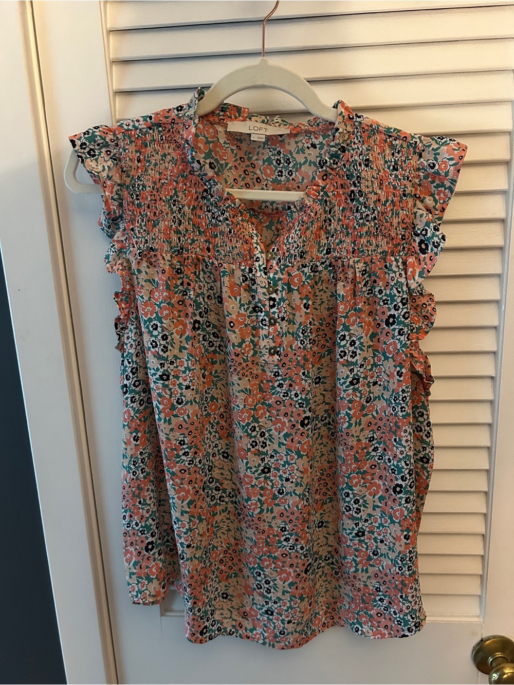 LOFT Coral and Green Floral Smocked Ruffle Sleeve Top